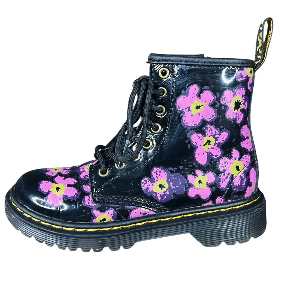 Dr. Martens Toddler Floral Black Patent Leather Combat Boots Size US 12